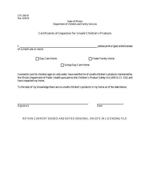Form CFS583-B Certification of Inspection for Unsafe Children's Products (Homes) - Illinois