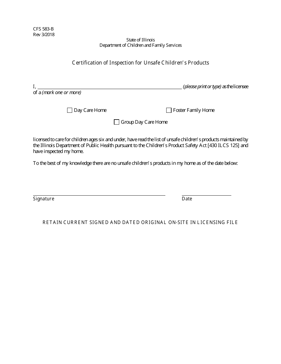 Form CFS583-B Certification of Inspection for Unsafe Childrens Products (Homes) - Illinois, Page 1