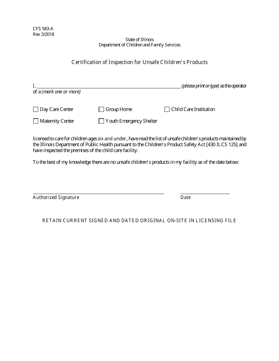 Form CFS583-A Certification of Inspection for Unsafe Childrens Products (Facilities) - Illinois, Page 1