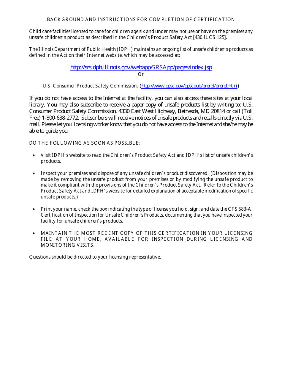Form CFS583-A Certification of Inspection for Unsafe Childrens Products (Facilities) - Illinois, Page 2