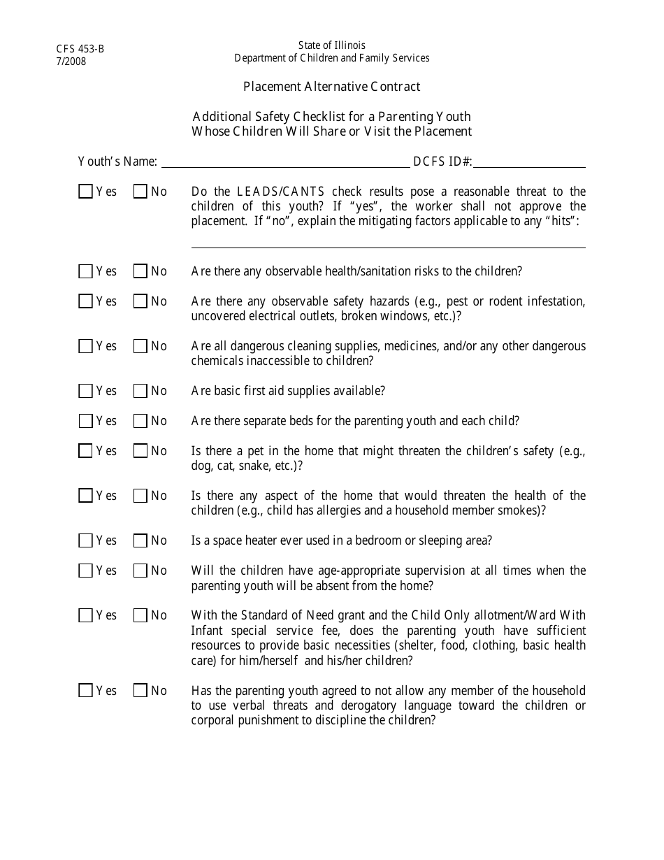 Form CFS453-B Placement Alternative Contract Additional Safety Checklist for a Parenting Youth Whose Children Will Share or Visit the Placement - Illinois, Page 1