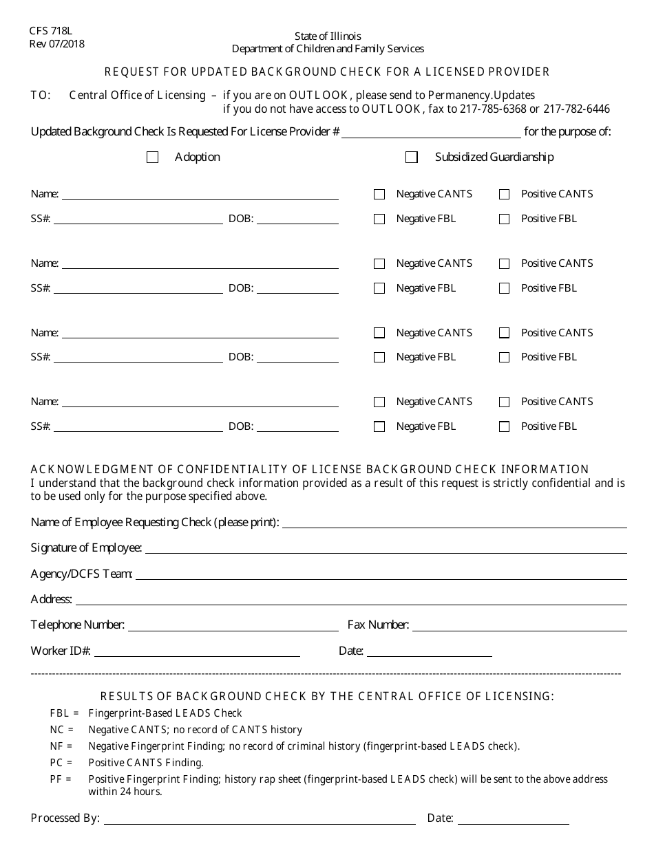 Form CFS718L Request for Updated Background Check for a Licensed Provider - Illinois, Page 1