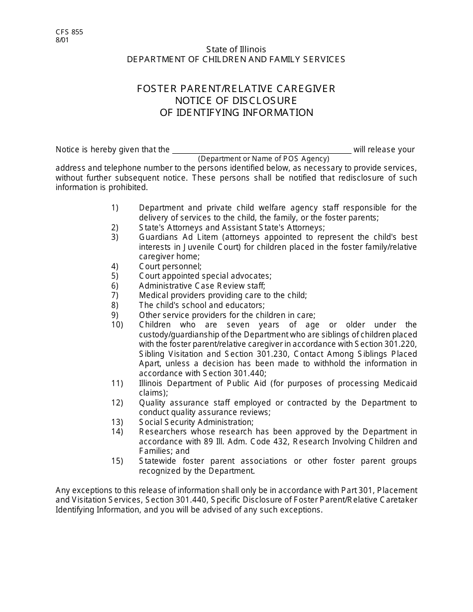 Form CFS855 Foster Parent / Relative Caregiver Notice of Disclosure of Identifying Information - Illinois, Page 1