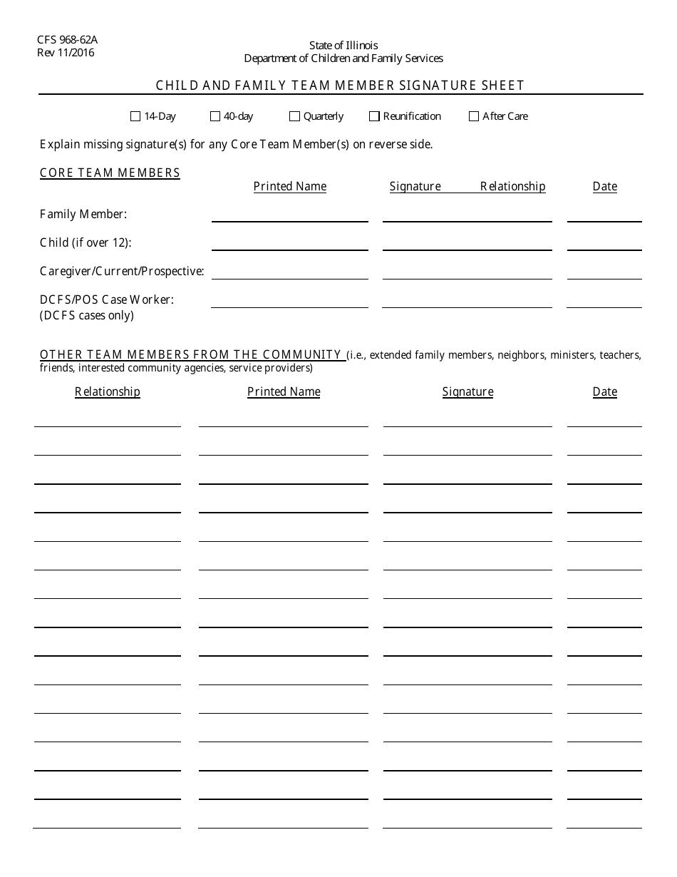 Form CFS968-62A Child and Family Team Member Signature Sheet - Illinois, Page 1