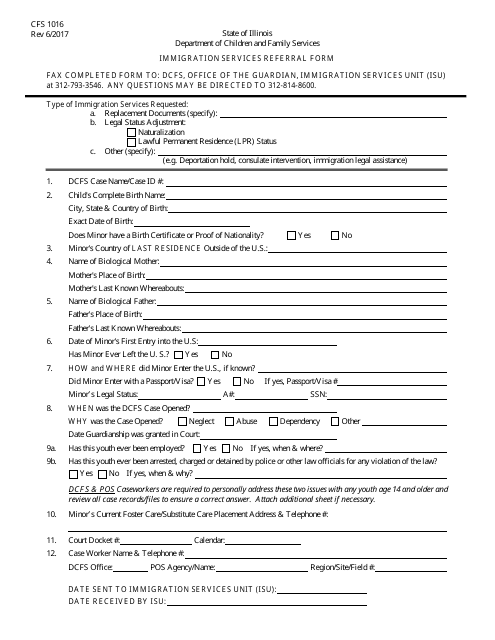 Form CFS1016 Immigration Services Referral Form - Illinois