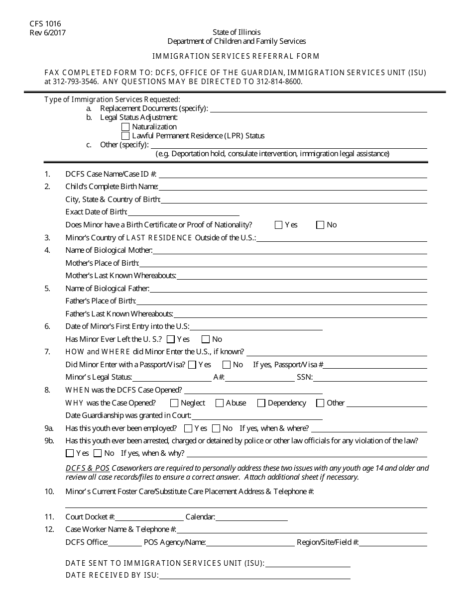 Form CFS1016 Immigration Services Referral Form - Illinois, Page 1
