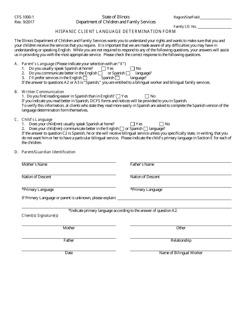 Form CFS1000-1 Hispanic Client Language Determination Form - Illinois, Page 1