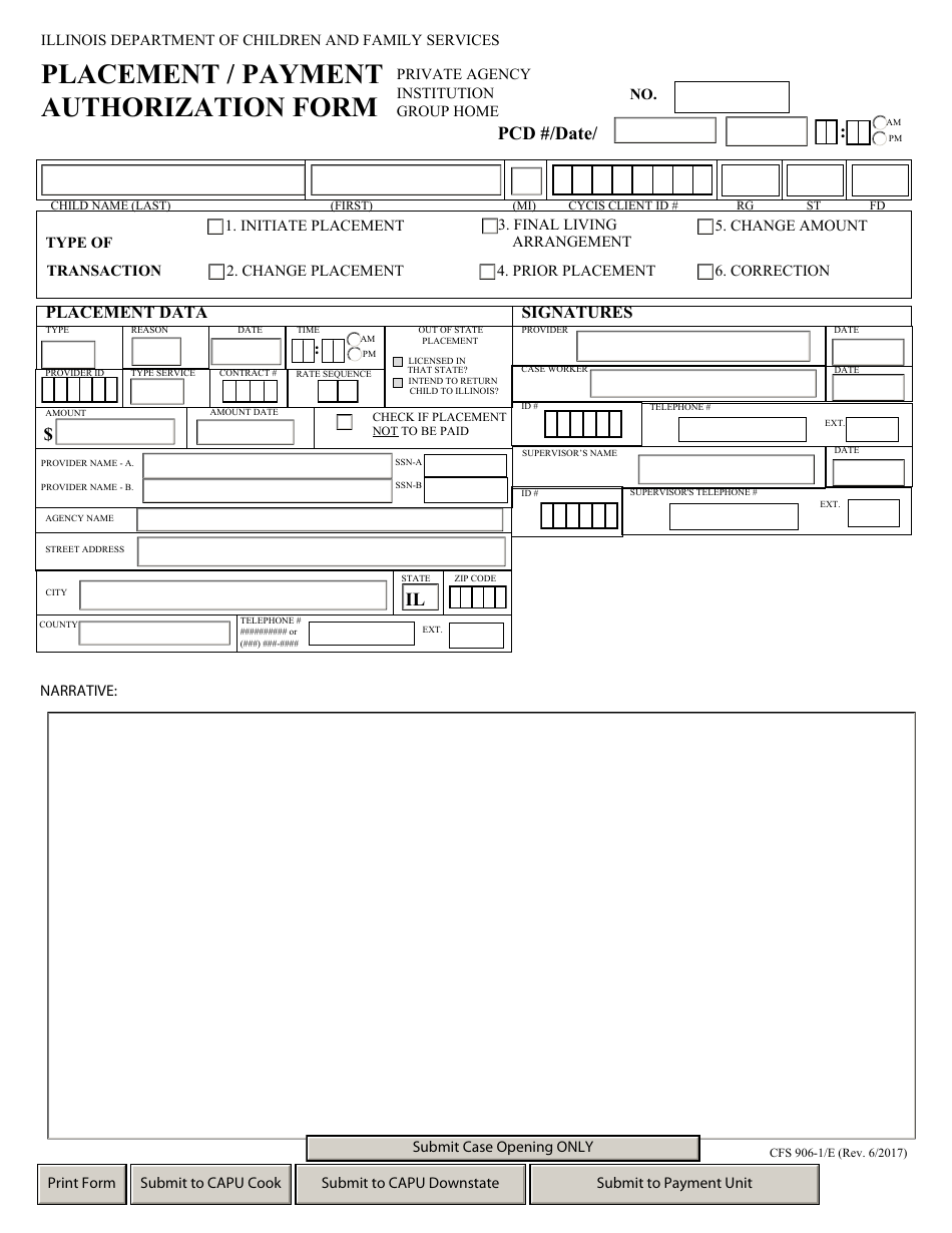 Form CFS906-1 / E Placement / Payment Authorization Form (Private Agency, Institution, Group Home) - Illinois, Page 1