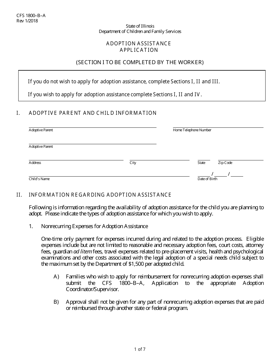 Form CFS1800-B-A Adoption Assistance Application - Illinois, Page 1