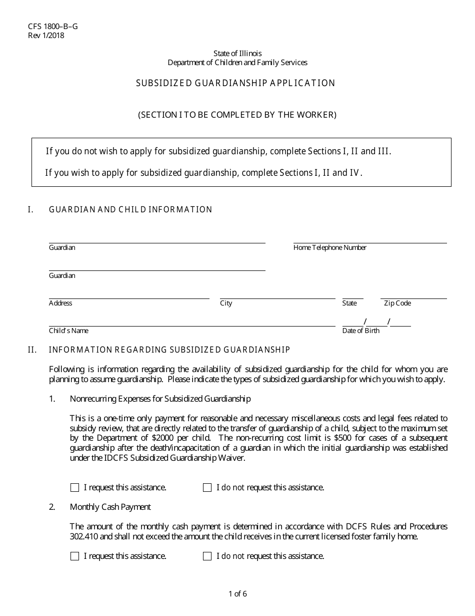 Form CFS1800-B-G Subsidized Guardianship Application - Illinois, Page 1