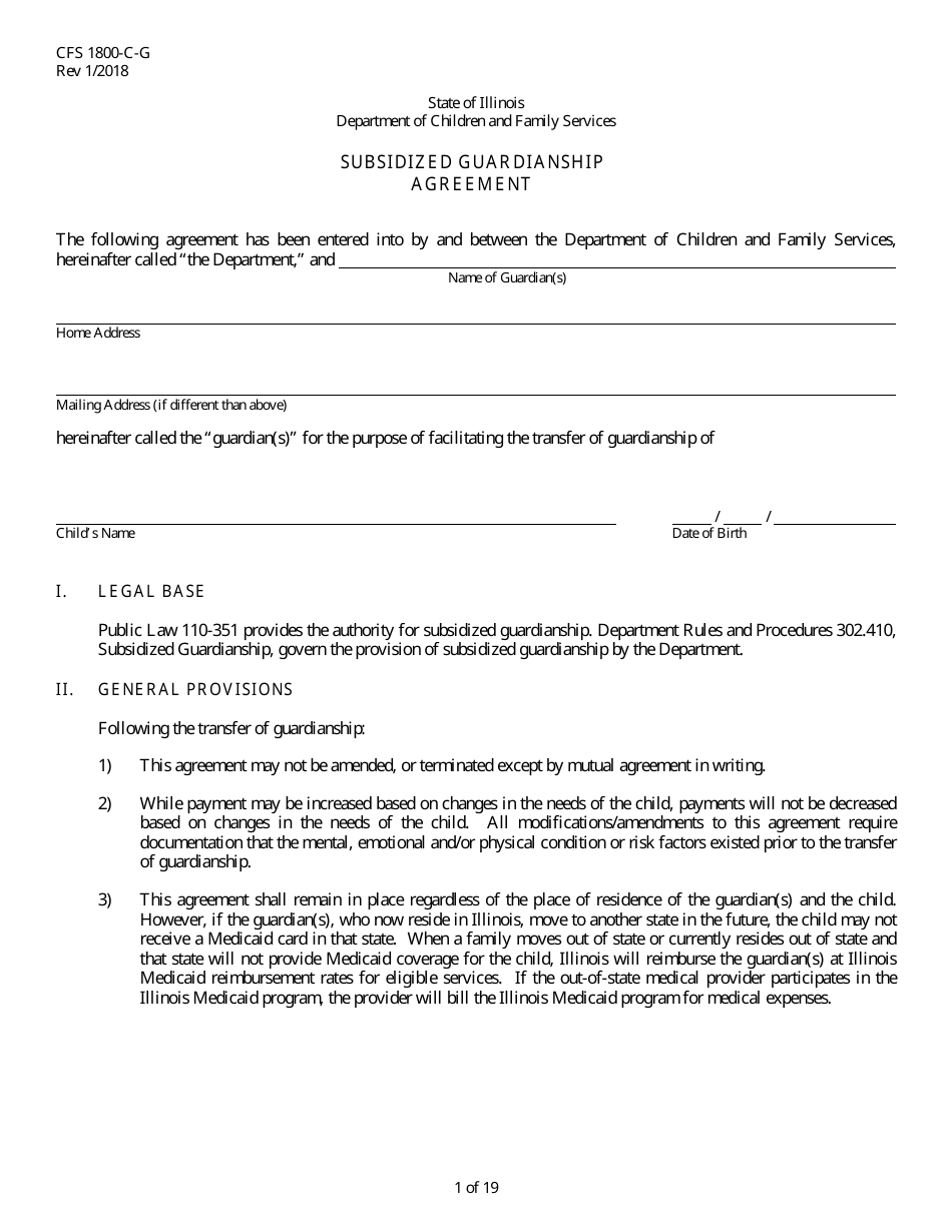 Form CFS1800-C-G Subsidized Guardianship Agreement - Illinois, Page 1