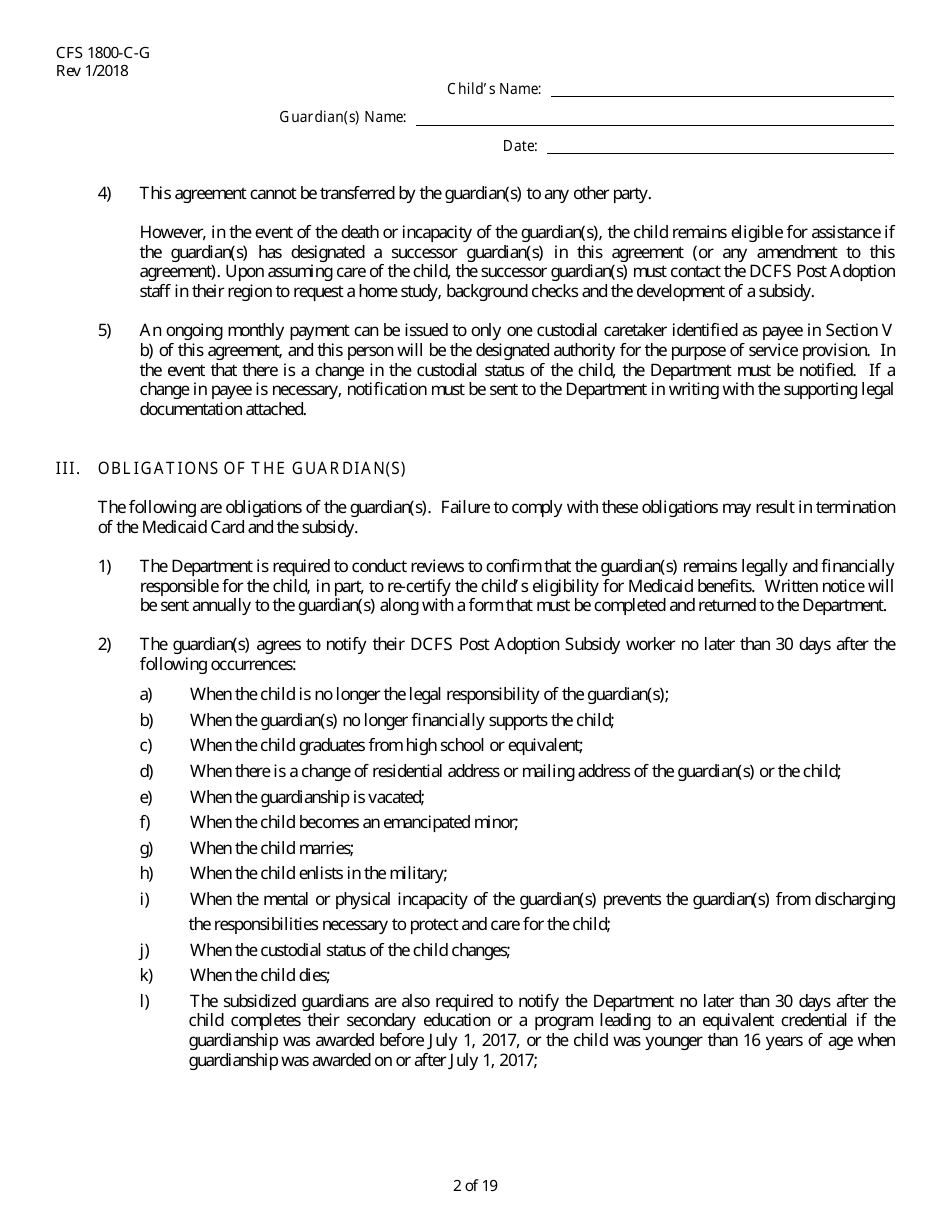 Form CFS1800-C-G Subsidized Guardianship Agreement - Illinois, Page 2