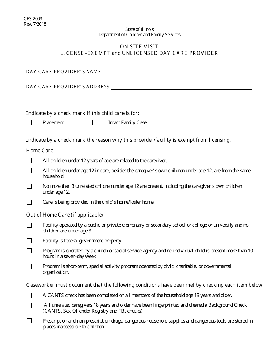 Form CFS2003 On-Site Visit License-Exempt and Unlicensed Day Care Provider - Illinois, Page 1