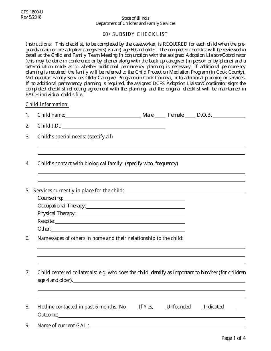 Form CFS1800-U 60+ Subsidy Checklist - Illinois, Page 1
