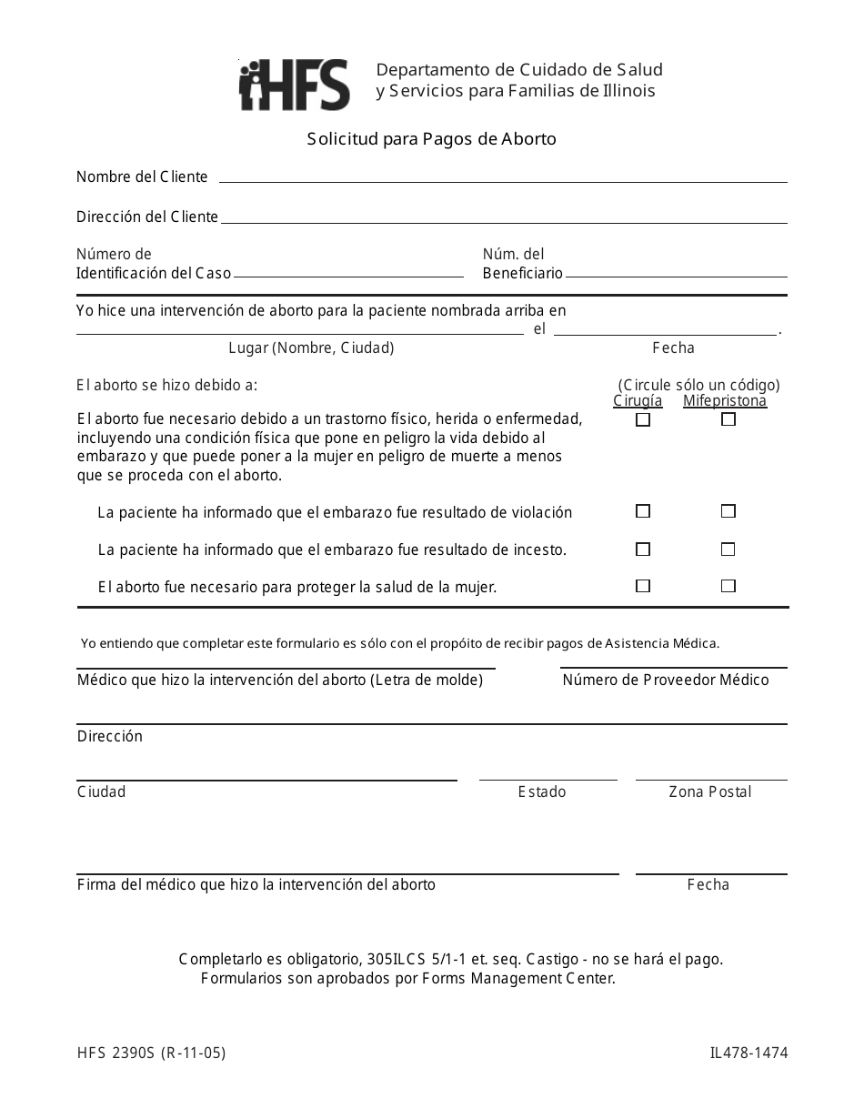 Formulario HFS2390S (IL478-1474) Solicitud Para Pagos De Aborto - Illinois (Spanish), Page 1