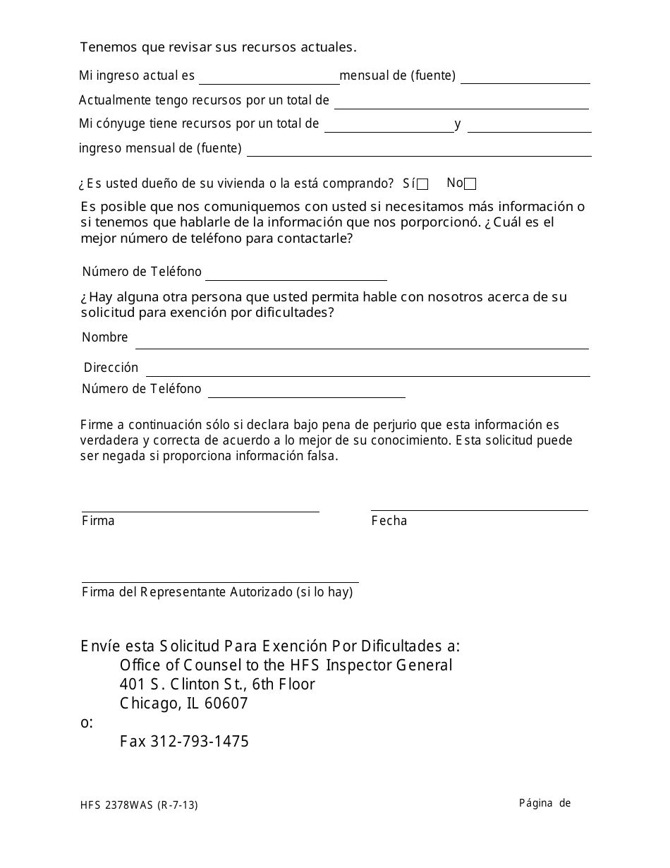 Formulario HFS2378WAS Solicitud Para Exencion Por Dificultades - Illinois (Spanish), Page 3
