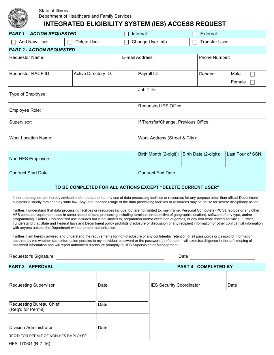 Form HFS1706G Integrated Eligibility System (Ies) Access Request - Illinois, Page 1