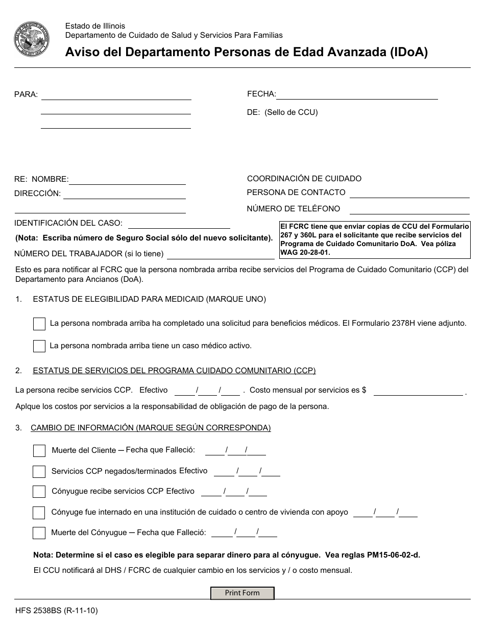 Formulario HFS2538BS Aviso Del Departamento Personas De Edad Avanzada (Idoa) - Illinois (Spanish), Page 1