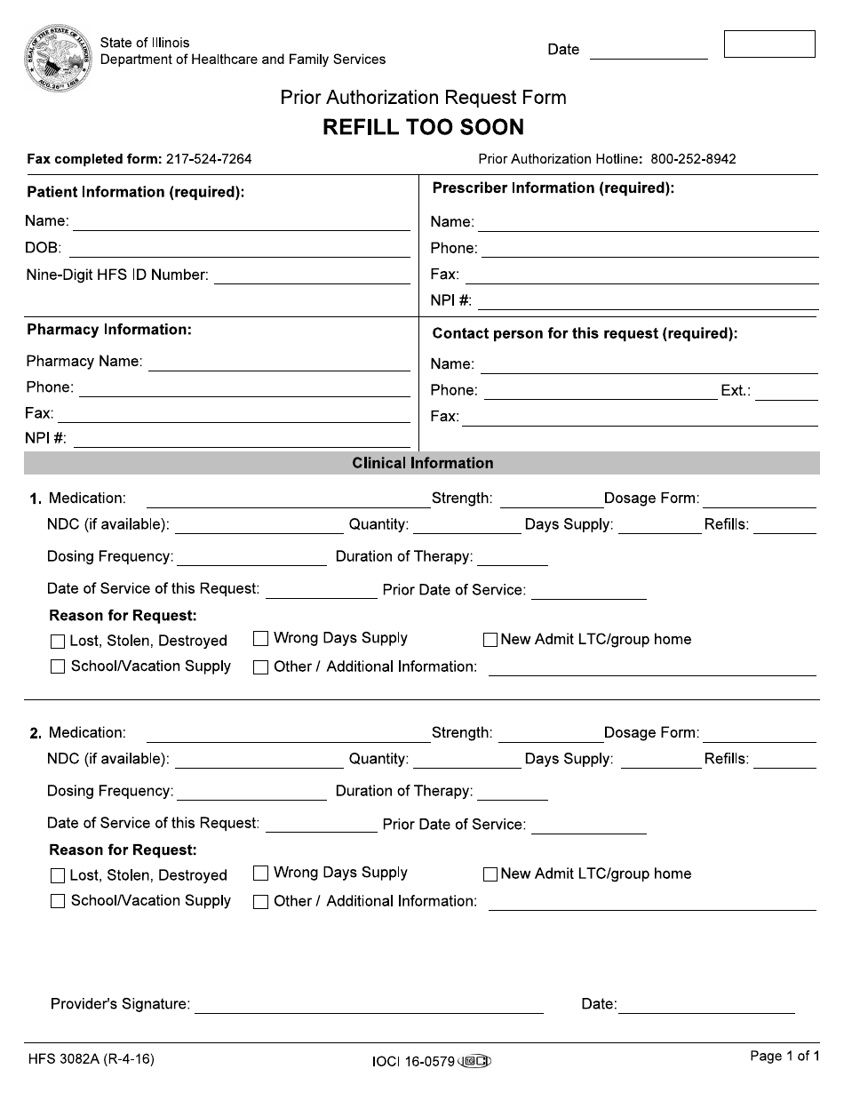 Form HFS3082A Prior Authorization Request Form - Refill Too Soon - Illinois, Page 1