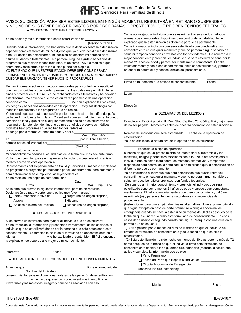 Formulario HFS2189S Consentimiento Para Esterilizacion - Illinois (Spanish), Page 1