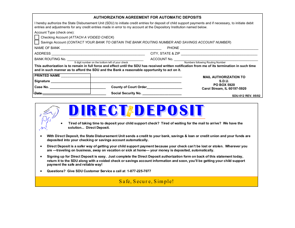 Form SDU-012 Authorization Agreement for Automatic Deposits - Illinois, Page 1