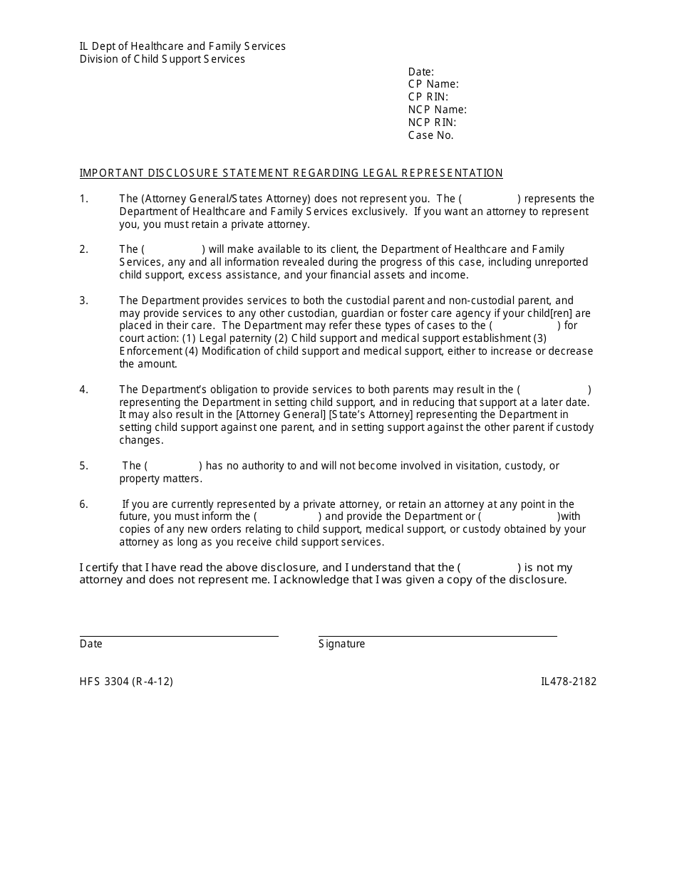Form HFS3304 Important Disclosure Statement Regarding Legal Representation - Illinois, Page 1
