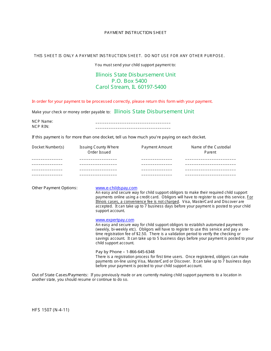 Form HFS1507 Payment Instruction Sheet - Illinois, Page 1