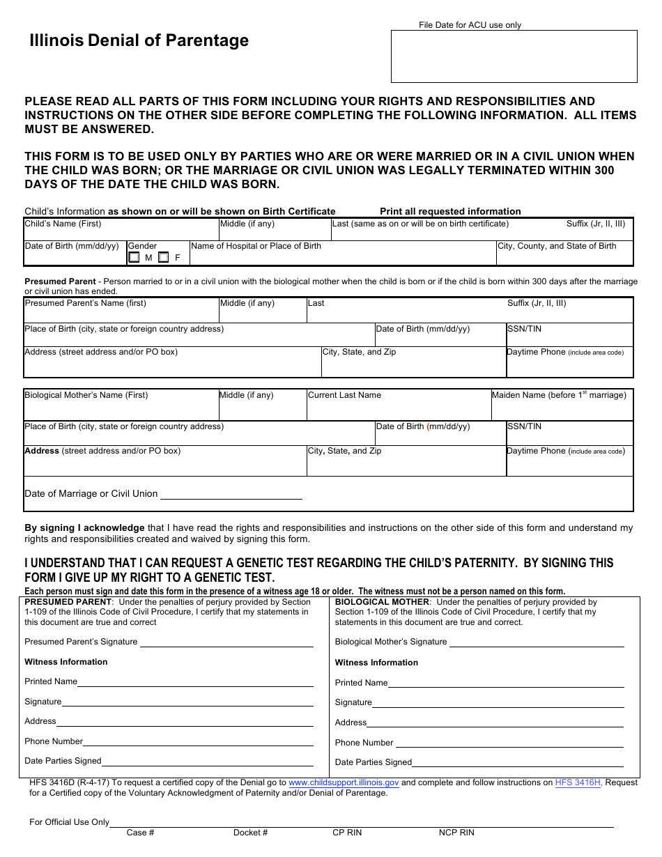 Form HFS3416D Illinois Denial of Parentage - Illinois, Page 1
