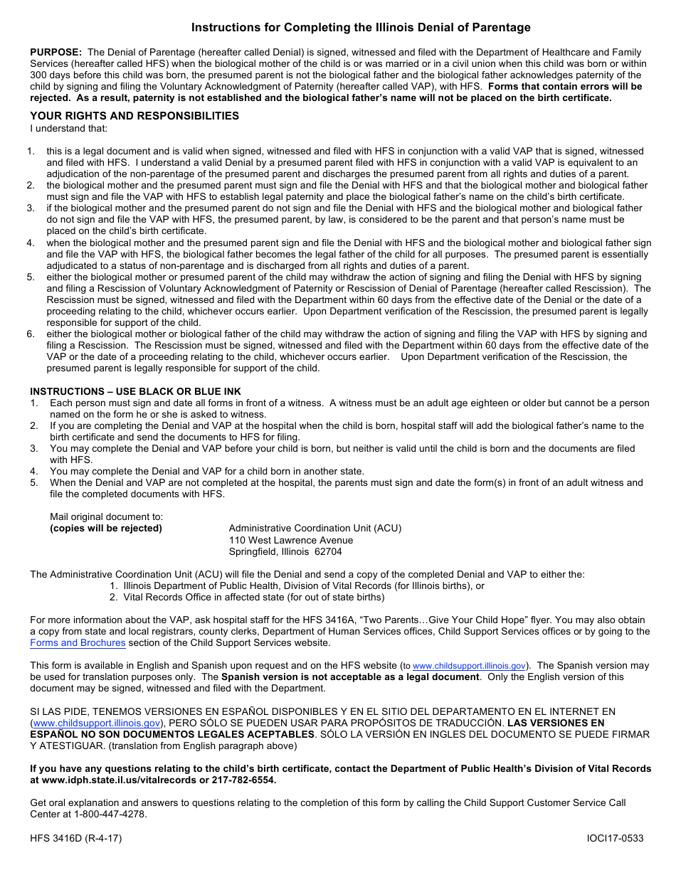 Form HFS3416D Illinois Denial of Parentage - Illinois, Page 2