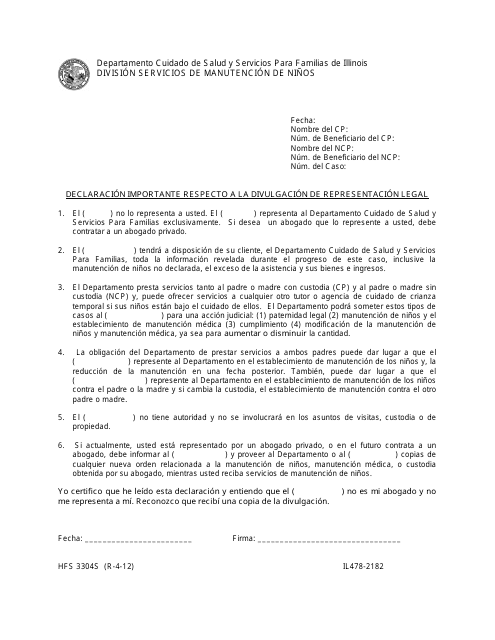 Formulario HFS3304S (IL478-2182) Declaracion Importante Respecto a La Divulgacion De Representacion Legal - Illinois (Spanish)