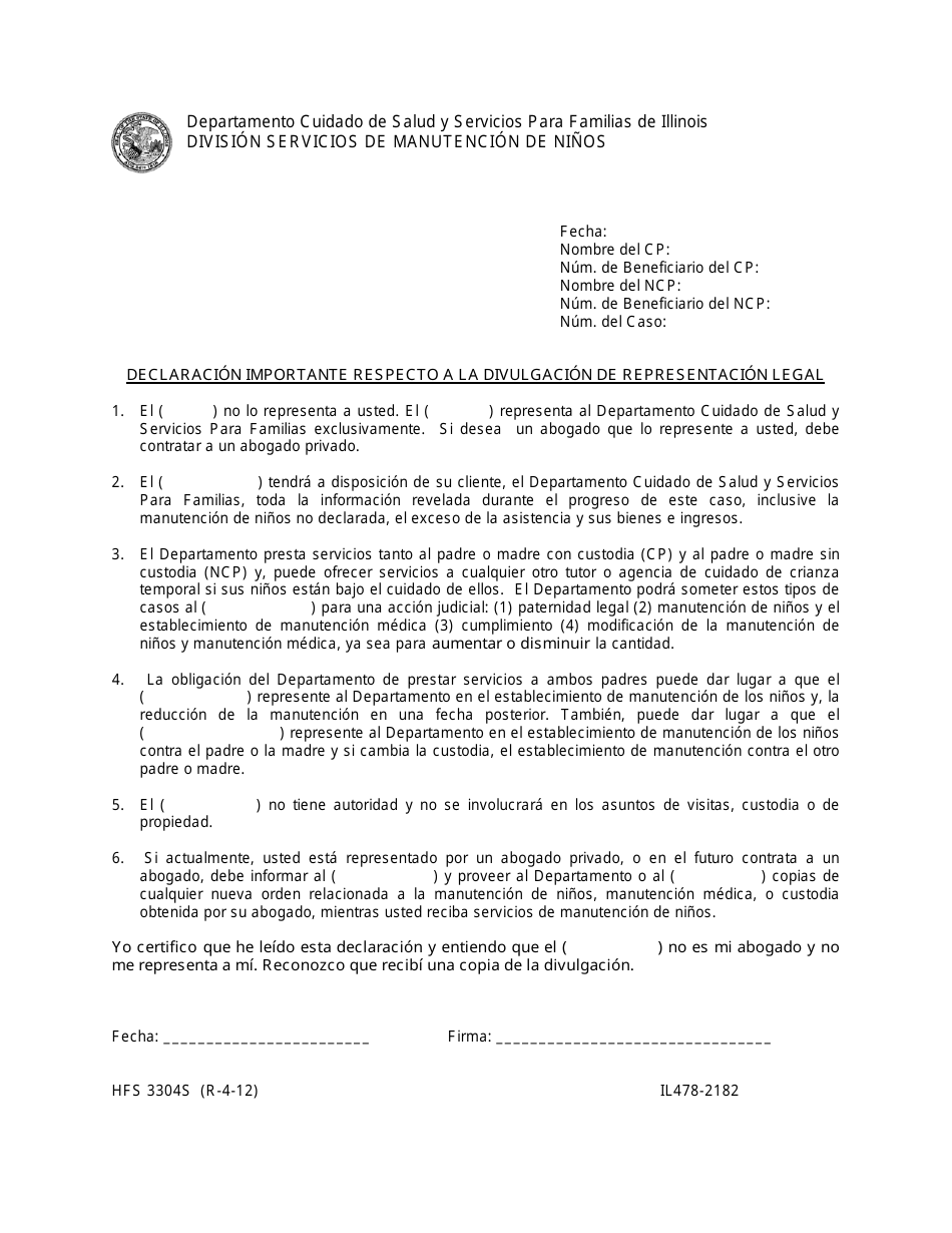 Formulario HFS3304S (IL478-2182) Declaracion Importante Respecto a La Divulgacion De Representacion Legal - Illinois (Spanish), Page 1
