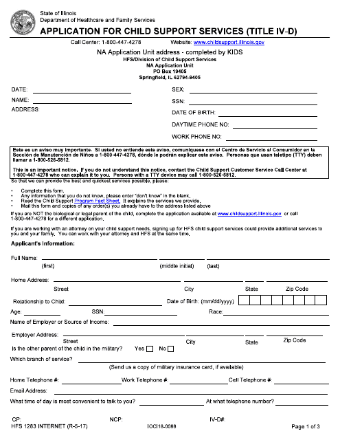Form HFS1283 application for Child Support Services (Title IV-D) - Illinois