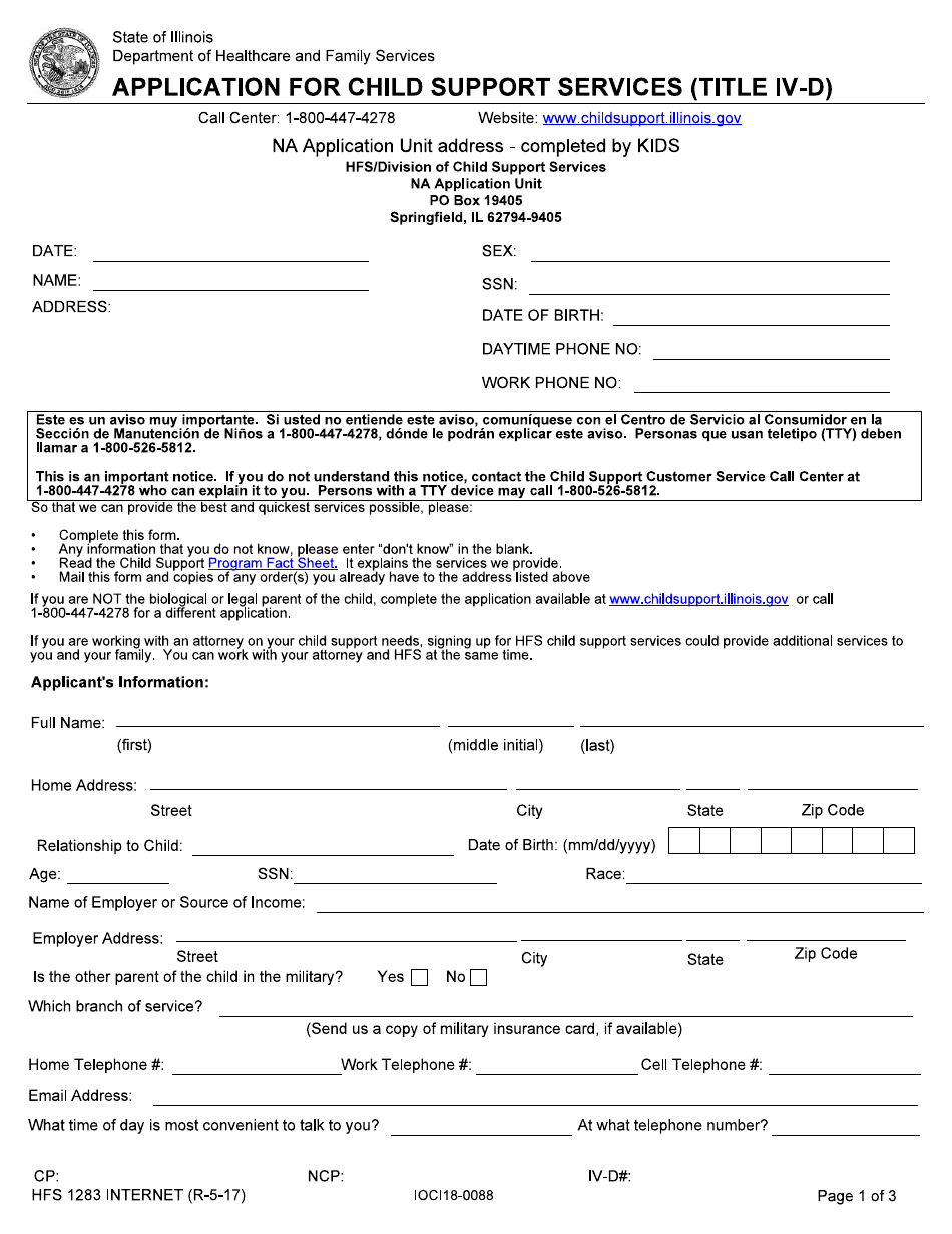 Form HFS1283 application for Child Support Services (Title IV-D) - Illinois, Page 1