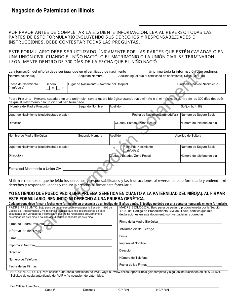 Formulario HFS3416DS Negacion De Paternidad En Illinois - Muestra - Illinois (Spanish), Page 1