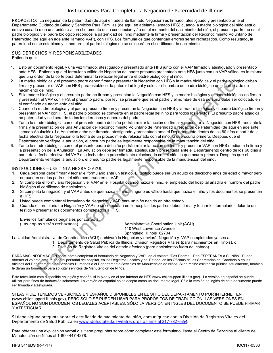 Formulario HFS3416DS Negacion De Paternidad En Illinois - Muestra - Illinois (Spanish), Page 2