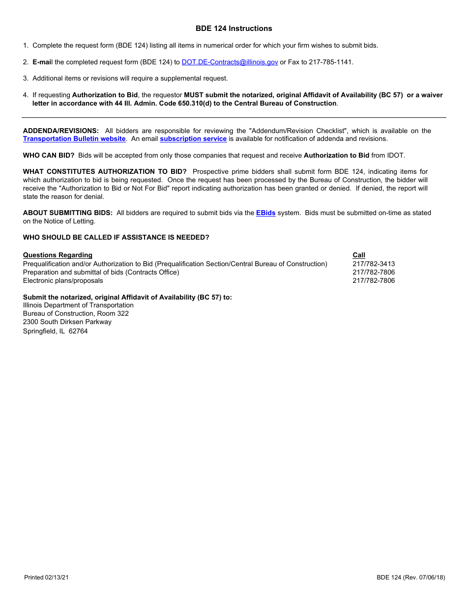 Form BDE124 Request for Authorization to Bid / Or Not for Bid Status - Illinois, Page 2