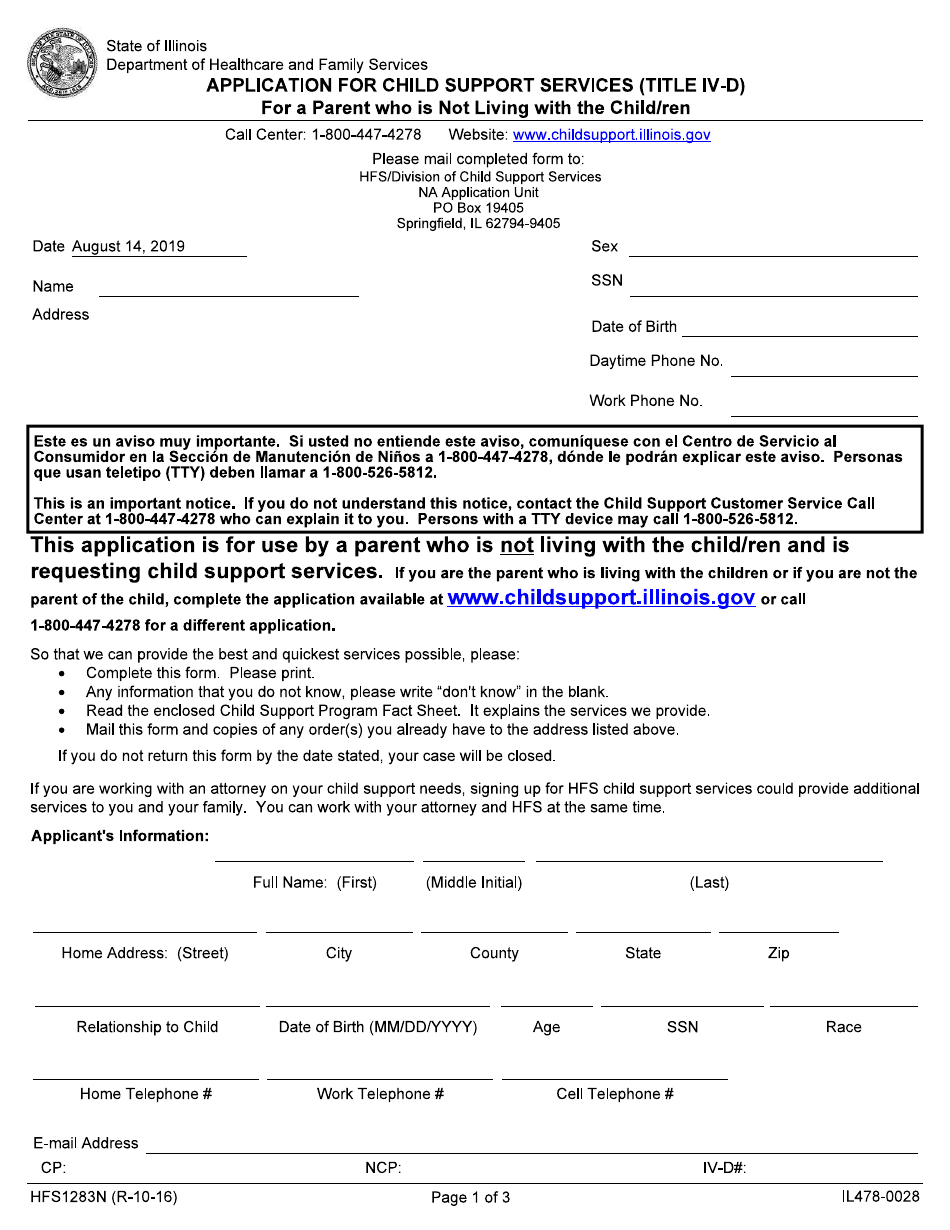 Form HFS1283N (IL428-0078) Application for Child Support Services (Title IV-D) for a Parent Not Living With the Child / Ren - Illinois, Page 1