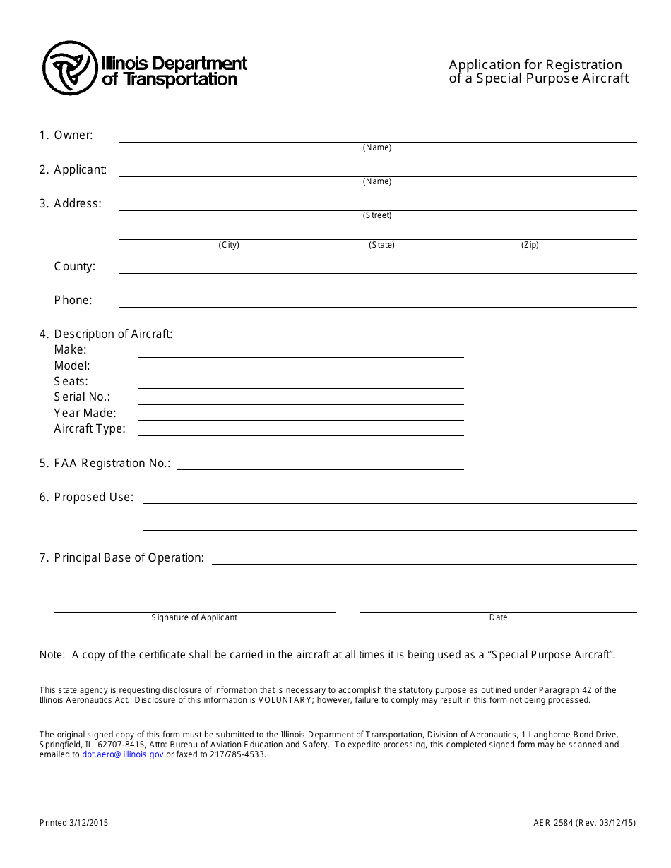 Form AER2584 Application for Registration of a Special Purpose Aircraft - Illinois, Page 1