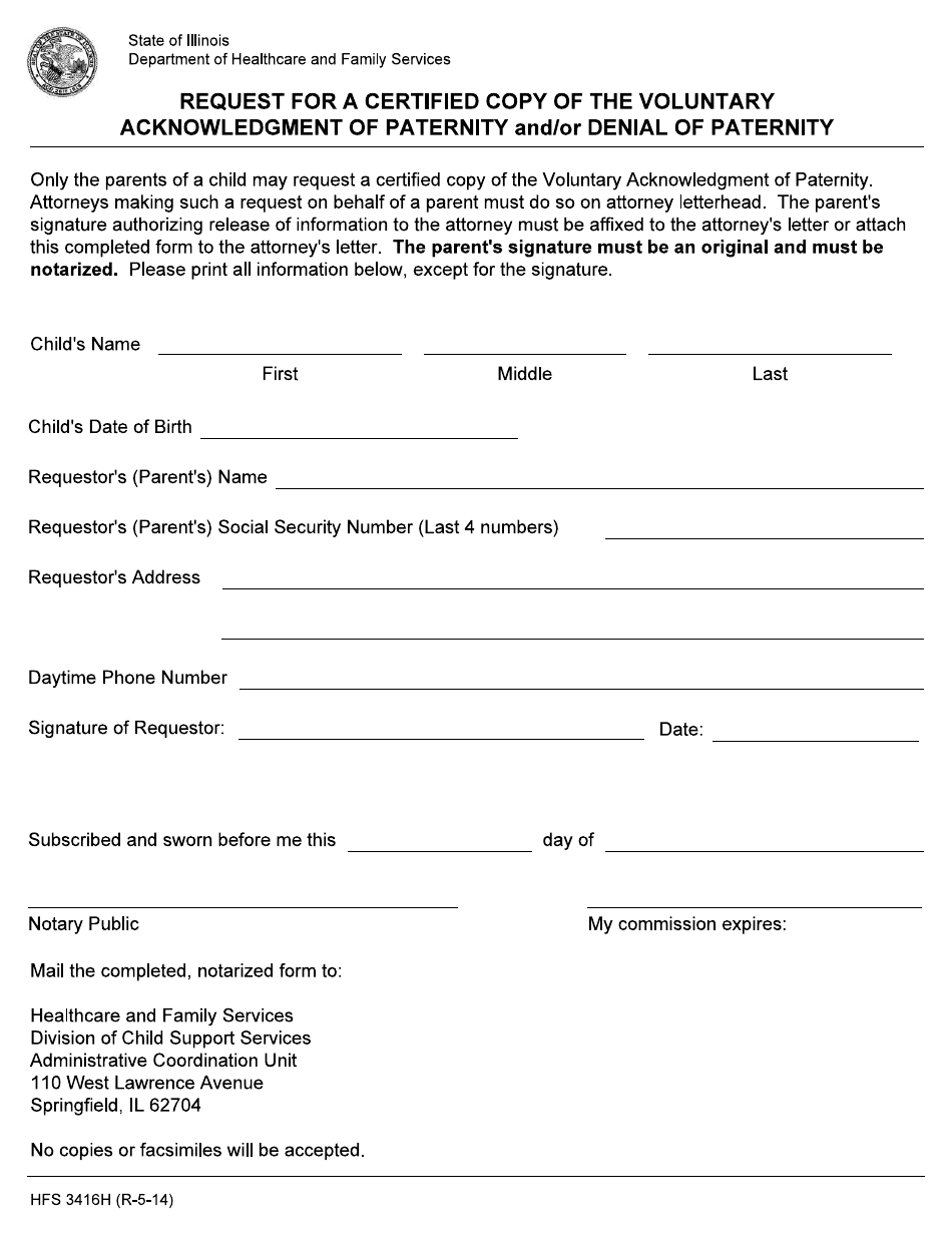 Form HFS3416H Request for a Certified Copy of the Voluntary Acknowledgment of Paternity and / or Denial of Paternity - Illinois, Page 1