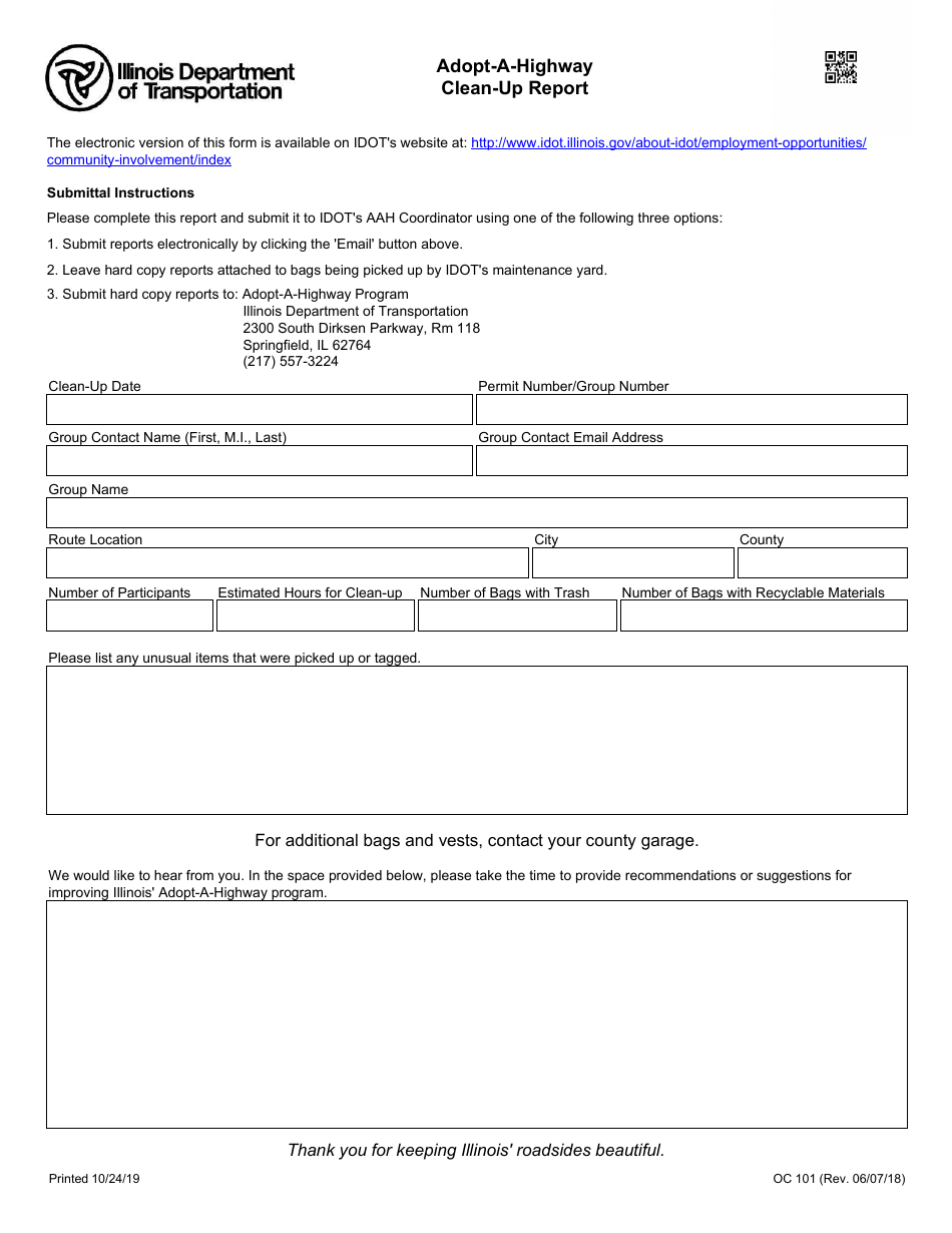 Form OC101 Adopt-A-highway Clean-Up Report - Illinois, Page 1