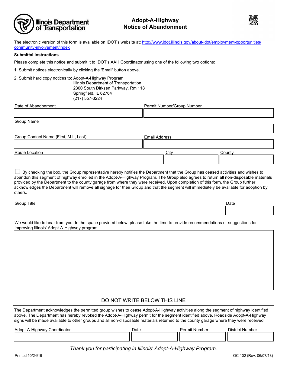 Form OC102 Adopt-A-highway Notice of Abandonment - Illinois, Page 1