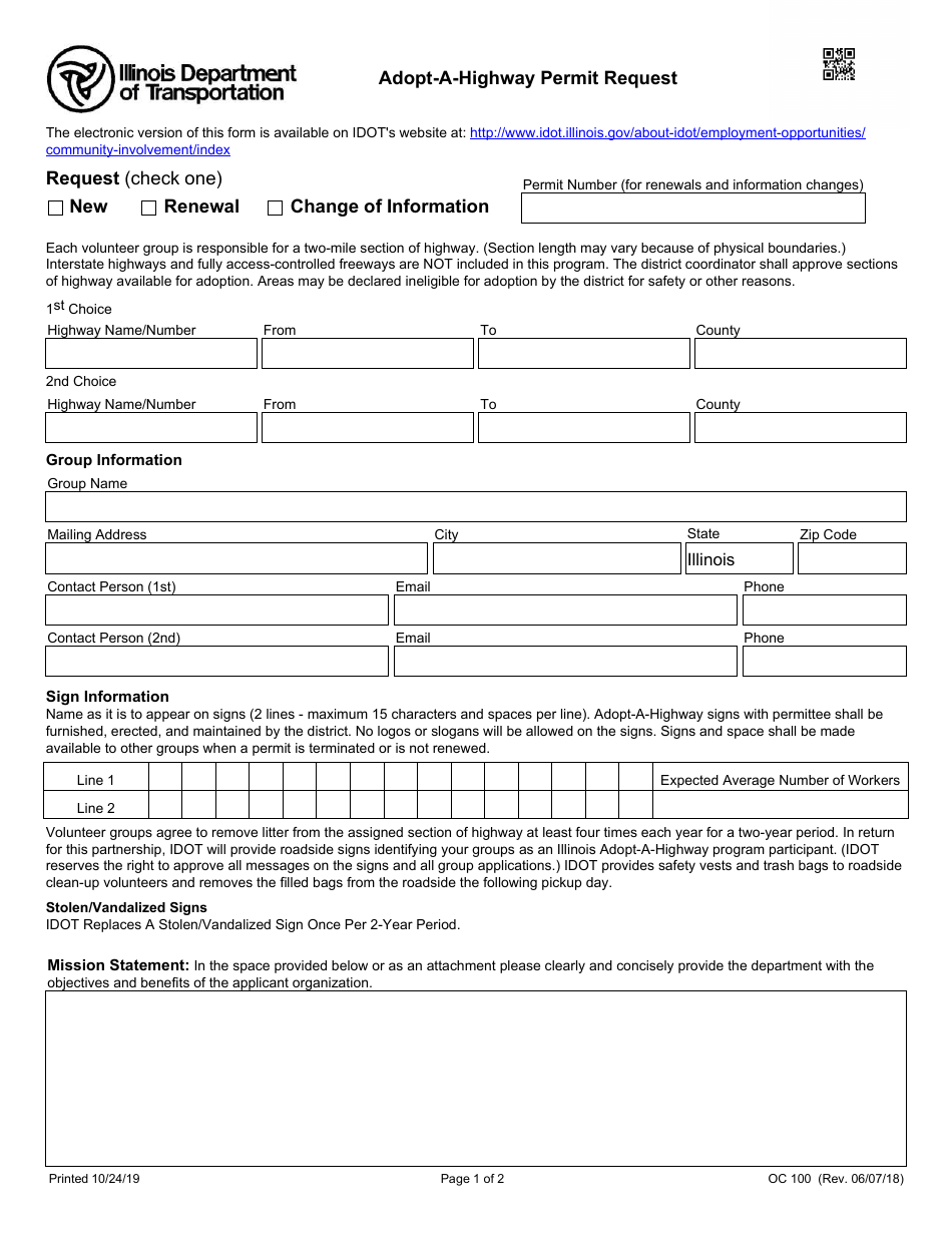 Form OC100 Adopt-A-highway Permit Request - Illinois, Page 1