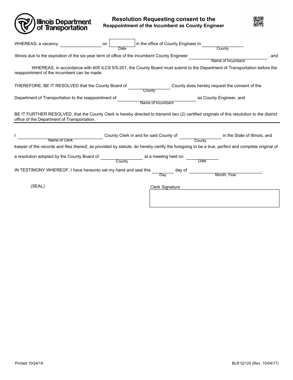 Form BLR02120 Resolution Requesting Consent to the Reappointment of the Incumbent as County Engineer - Illinois, Page 1
