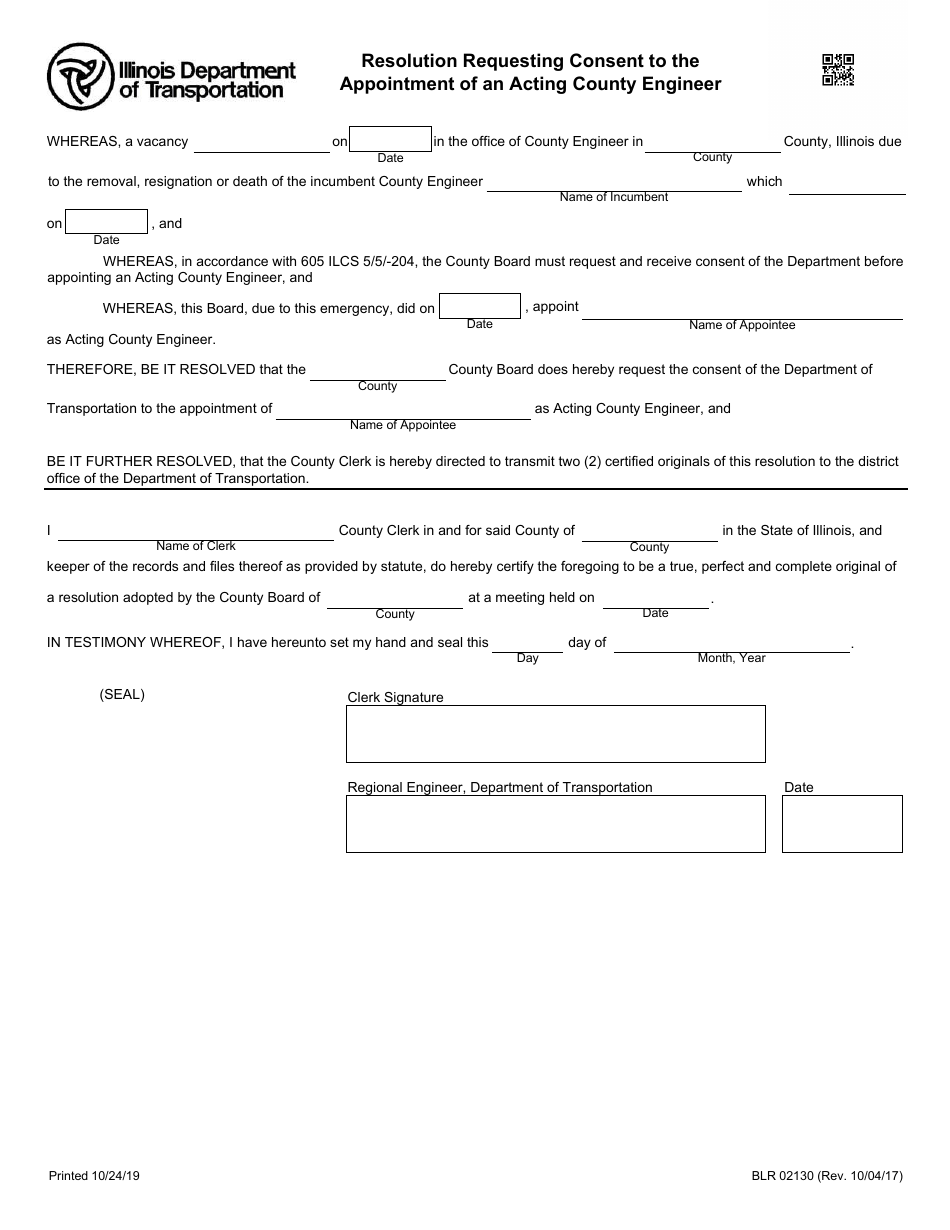 Form BLR02130 Resolution Requesting Consent to the Appointment of an Acting County Engineer - Illinois, Page 1