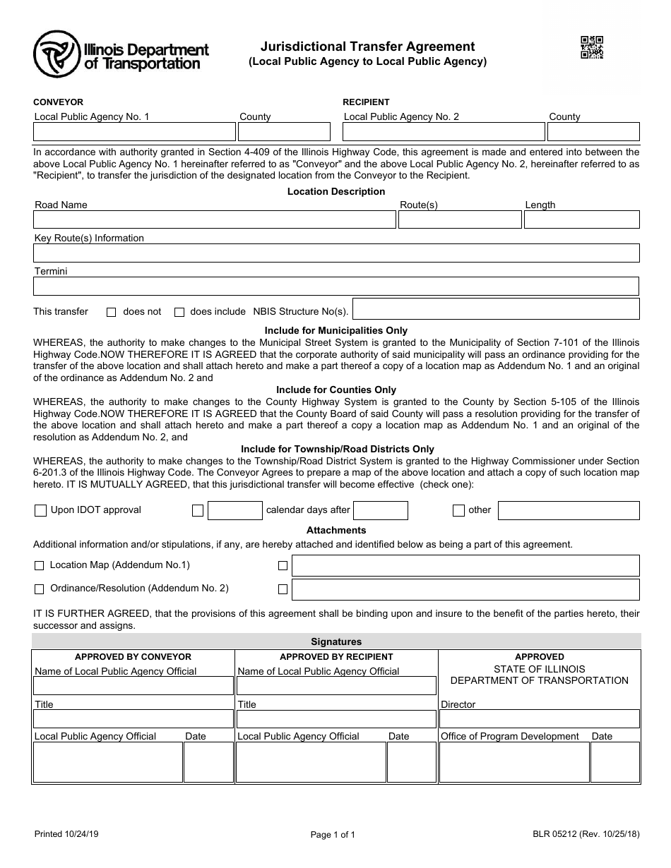 Form BLR05212 Jurisdictional Transfer Agreement (Local Public Agency to Local Public Agency) - Illinois, Page 1