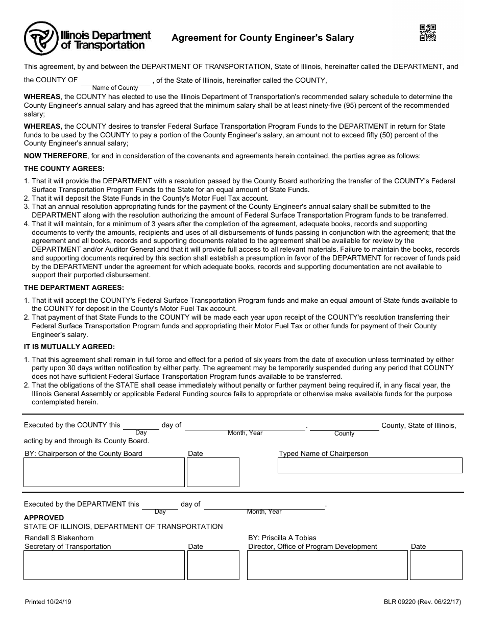 Form BLR09220 Agreement for County Engineers Salary - Illinois, Page 1