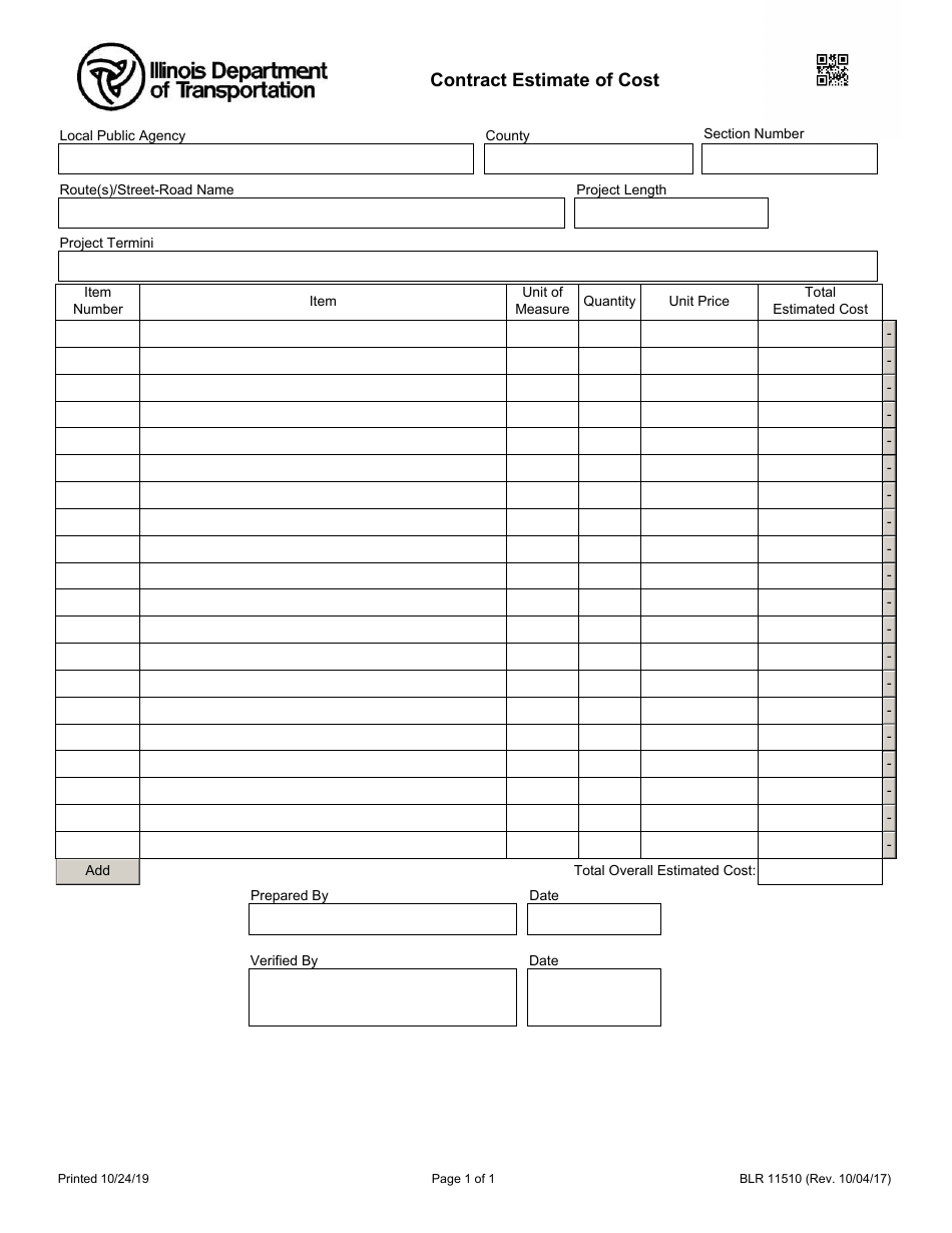 Form BLR11510 Contract Estimate of Cost - Illinois, Page 1