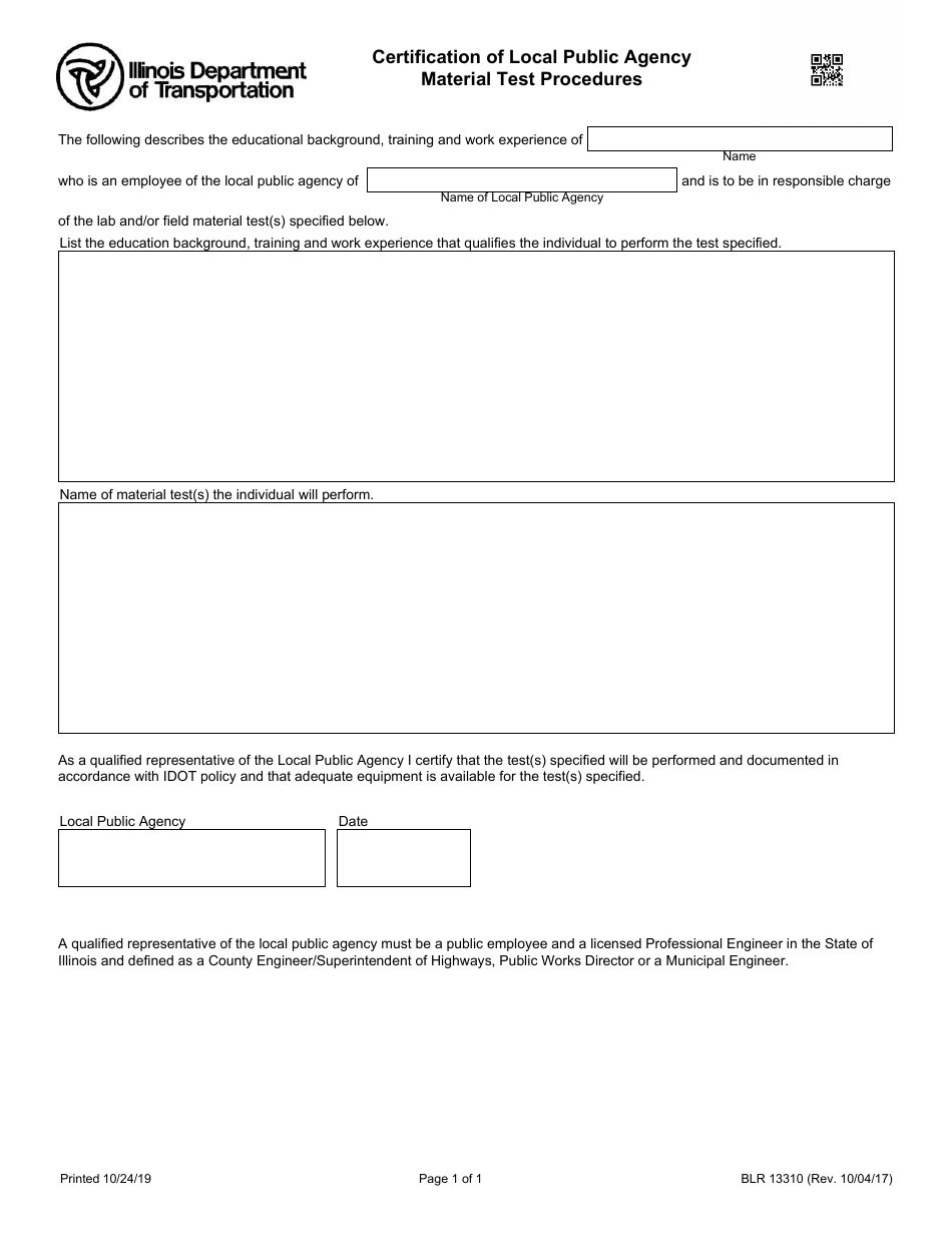 Form BLR13310 Certification of Local Public Agency Material Test Procedures - Illinois, Page 1
