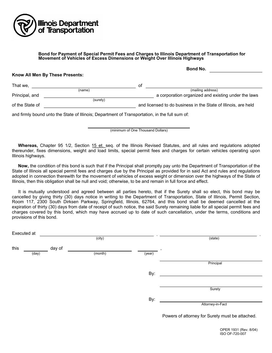 Form OPER1931 Bond for Payment of Special Permit Fees and Charges to Illinois Department of Transportation for Movement of Vehicles of Excess Dimensions or Weight Over Illinois Highways - Illinois, Page 1