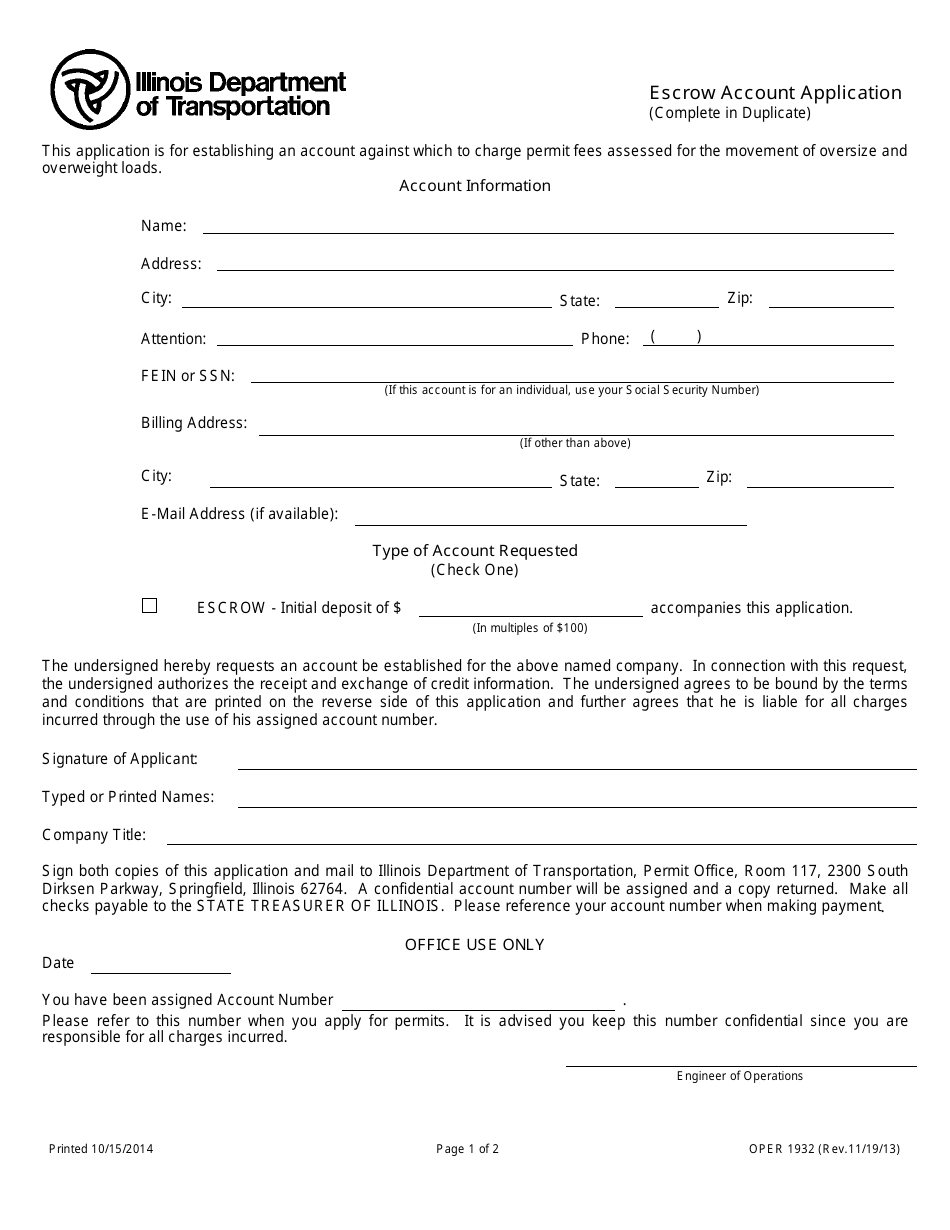 Form OPER1932 Escrow Account Application - Illinois, Page 1